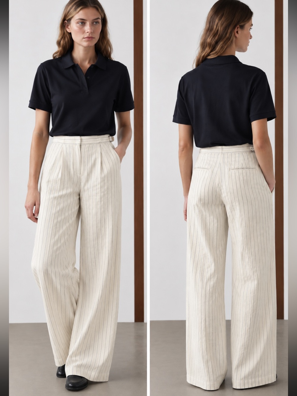 Massimo Dutti NWT 100% linen pinstripe wide leg pleated trousers ecru size 2